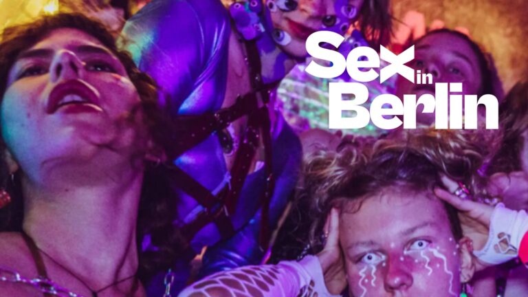 Crowded nightclub scene with colorful lighting and face paint, overlaid by the bold title 'Sex in Berlin'.