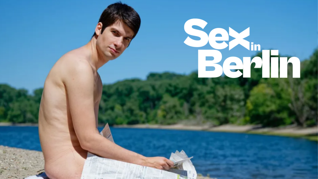 WEBSITE COVER-2 - Sex in Berlin Man reading a newspaper on a sunny lakeside beach, with bold white text 'Sex in Berlin' on the right.